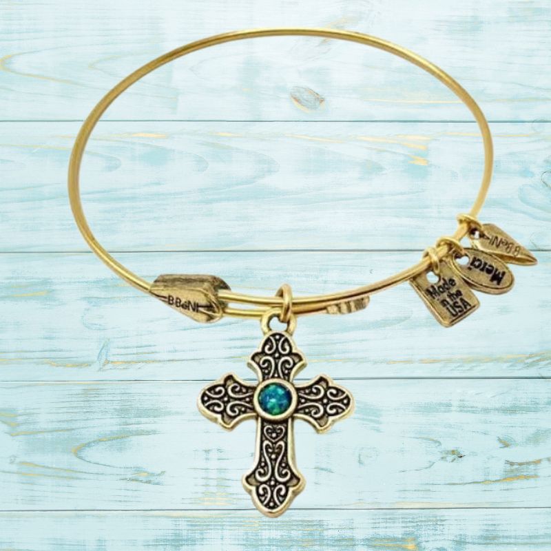 Old World Gold "El Shaddai" Cross Bangle with Opal