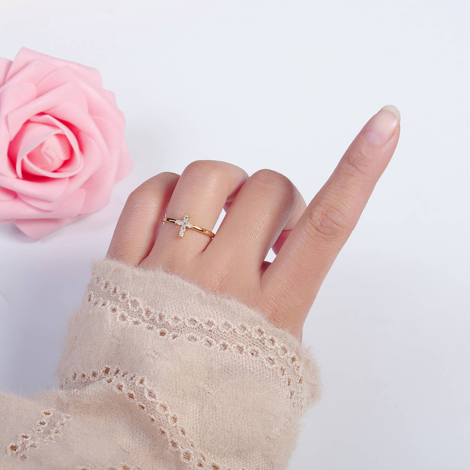 Minimalist CZ Crystal Cross Gold-Plated Ring