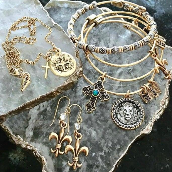 Old World Gold "El Shaddai" Cross Bangle with Opal - Amela&