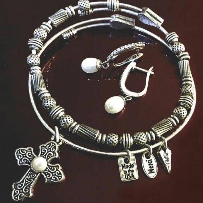 Old World Silver "El Shaddai" Cross Bangle With Pearl - Amela&