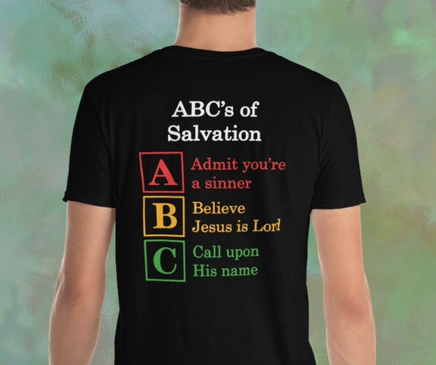 White male with ABC's of Salvation on back of T-Shirt