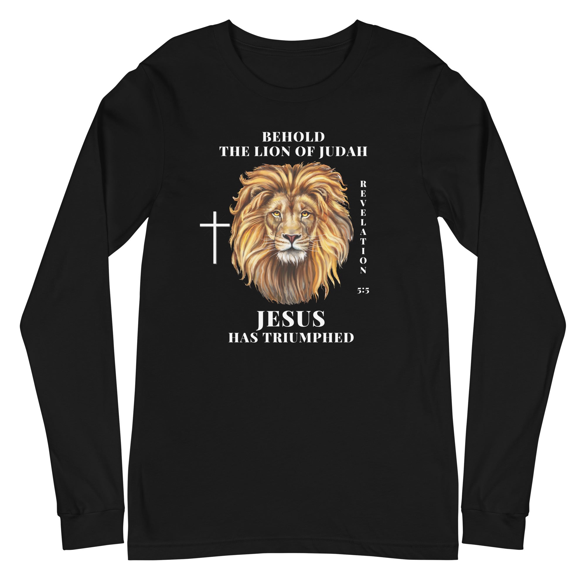 Flatlay of a black Christian long-sleeve shirt that says &quot;Behold the lion of Judah&quot;. Below the text, there is a graphic of a lion, with a cross icon next to it, and &quot;Revelation 5:5&quot;. On the bottom, text says &quot;JESUS has triumphed&quot;