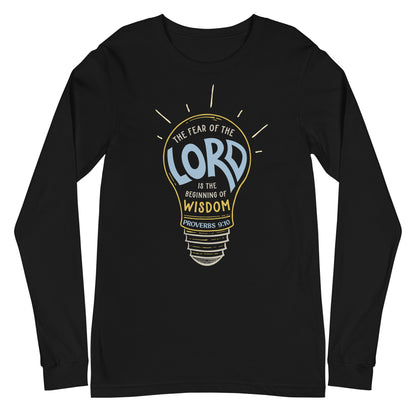 Flatlay of a black Christian long-sleeve shirt. The design is a lightbulb, with text inside, that says, &quot;The fear of the Lord is the beginning of wisdom - Proverbs 9:10&quot;
