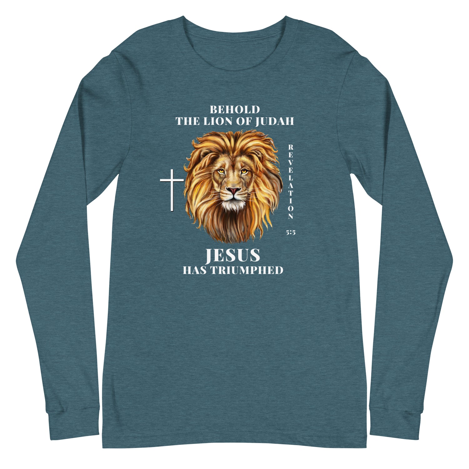 Flatlay of a a teal Christian shirt that says &quot;Behold the lion of Judah&quot;. Below the text, there is a graphic of a lion, with a cross icon next to it, and &quot;Revelation 5:5&quot;. On the bottom, text says &quot;JESUS has triumphed&quot;