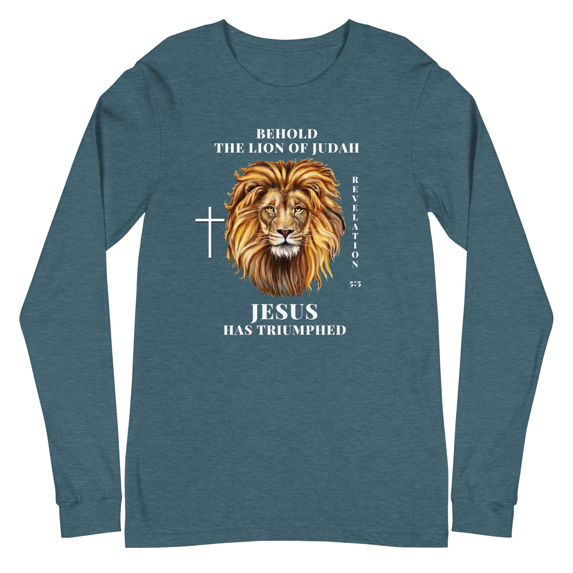 Flatlay of a a teal Christian shirt that says &quot;Behold the lion of Judah&quot;. Below the text, there is a graphic of a lion, with a cross icon next to it, and &quot;Revelation 5:5&quot;. On the bottom, text says &quot;JESUS has triumphed&quot;