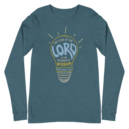 Flatlay of a teal Christian long-sleeve shirt. The design is a lightbulb, with text inside, that says, &quot;The fear of the Lord is the beginning of wisdom - Proverbs 9:10&quot;