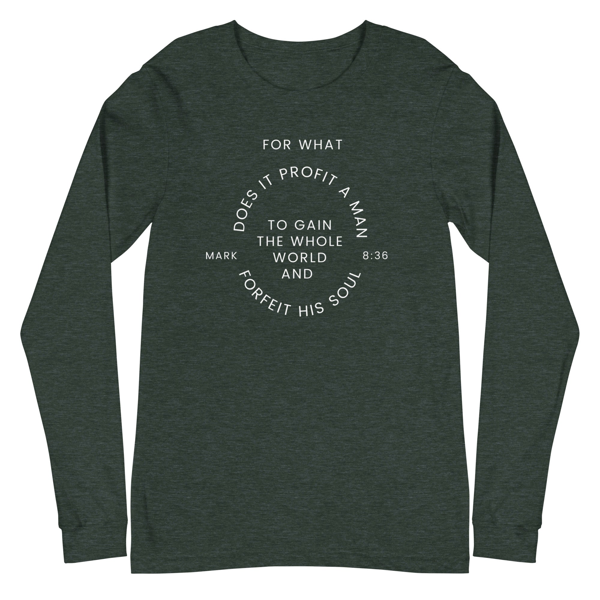 Flatlay of a forest green long sleeve shirt that says &quot;For what does it profit a man to gain the whole world and forfeit his soul - Mark 8:36&quot;

This shirt is sold at Amela&