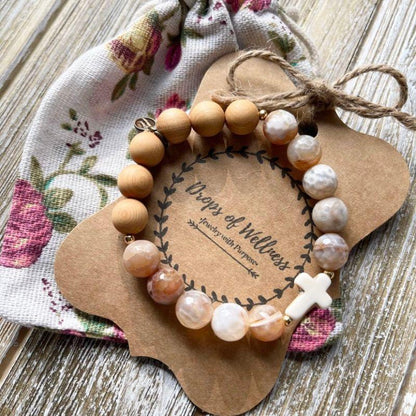 Natural Stone &amp; Rosewood Diffuser Bracelet with Cross - Amela&