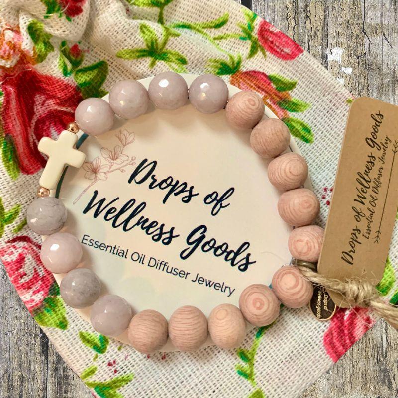 Natural Stone &amp; Rosewood Diffuser Bracelet with Cross - Amela&