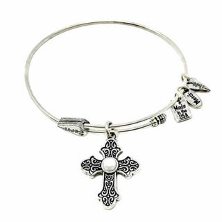 Old World Silver "El Shaddai" Cross Bangle With Pearl - Amela's Chamber