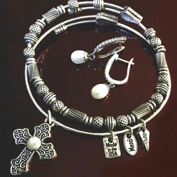 Old World Silver "El Shaddai" Cross Bangle With Pearl - Amela's Chamber